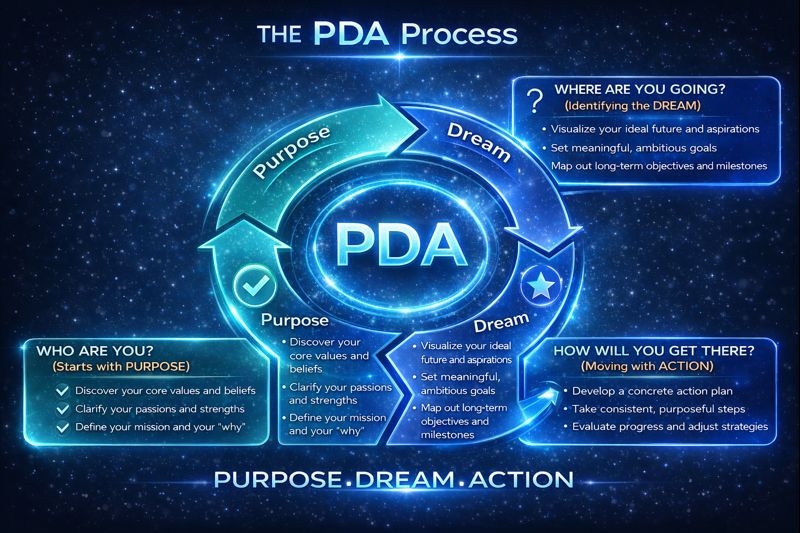 The PDA Process: Purpose → Dream → Action framework diagram